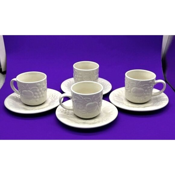 Set of 4 Gibson Designs White Embossed Raised Fruit Flat Coffee Cup & Saucer - Picture 1 of 10